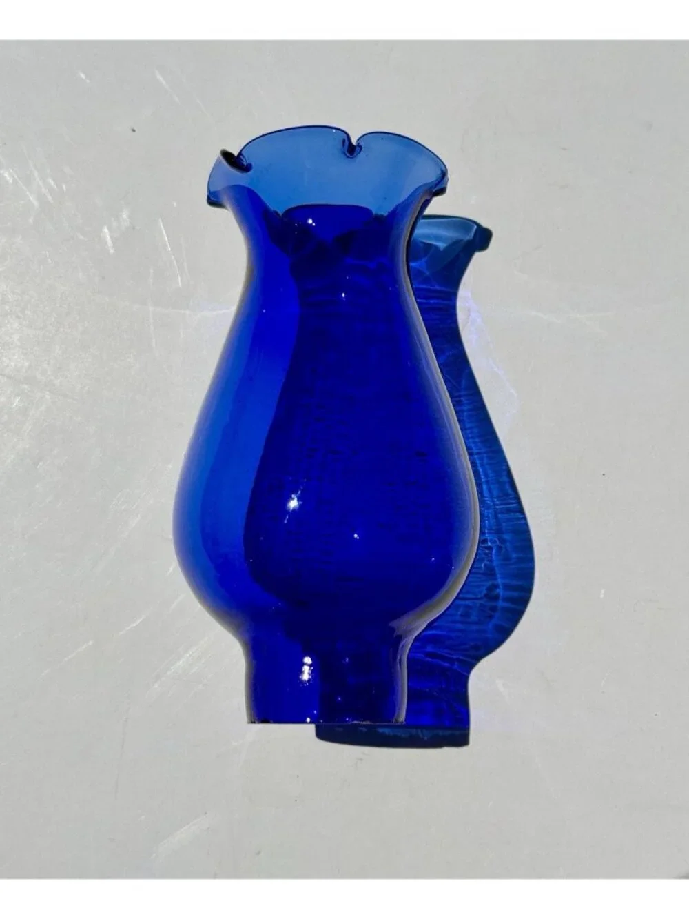 Vintage Cobalt Blue Glass Finger Oil Lamp Fruit Base & Ruffled Chimney Hong Kong